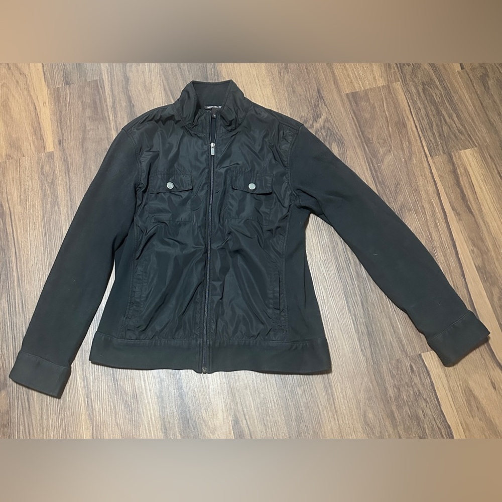 Michael Kors Mix Media Soft Shell Knit Collar Zip Jacket, Size Large, Black